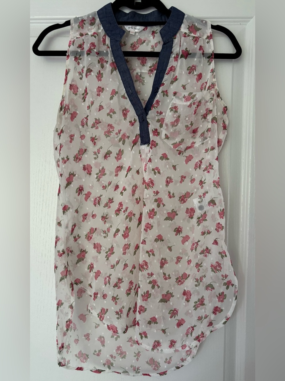 Stella Tweed Pink Floral Sheer Blouse with Blue Trim